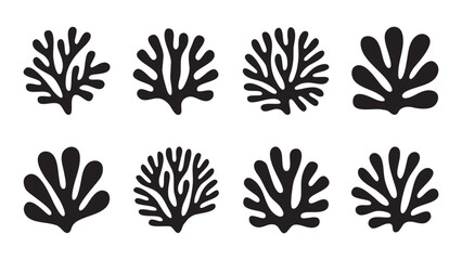 Eight Abstract Black Coral Reef Seaweed Designs Silhouettes