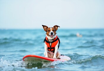 Jack russel dog wearing a life vest  sitting on surfboard - front view