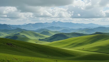 Serene Rolling Green Hills Under Dramatic Cloudy Sky
