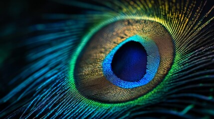 Obraz premium Vibrant peacock feather close-up with rich colors and intricate details, perfect for nature and art design