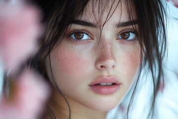 Spring mood, dark night and warm mystic light - complementary lighting. Commercial promotion concept art. Pretty caucasian young woman surrounded by cherry blossoms.