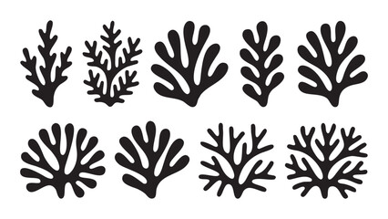 Black Silhouette Aquatic Plant Set Nature, Leaf, Coral, Branch, Vector