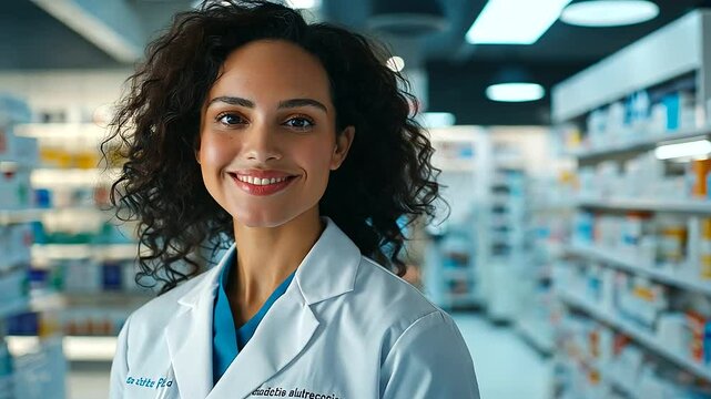A confident female pharmacy tech with a friendly expression, working in a well-lit, well-organized pharmacy, with shelves lined with various bottles of medicine and prescription dr