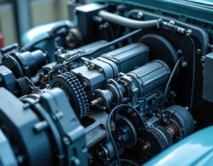 Fototapeta premium Close up of vintage car engine compartment motor belts, pulleys, gears, alternator, equipment. Assembled auto diesel engine. Antique automotive industrial background for transportation, engineering,