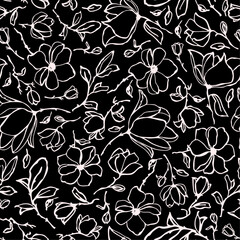 Hand drawn, line ar flowers with leaves seamless repeat pattern. Random placed, vector botany aop, all over surface print on black background.