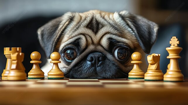 Pug puppy stares intently at chess pieces