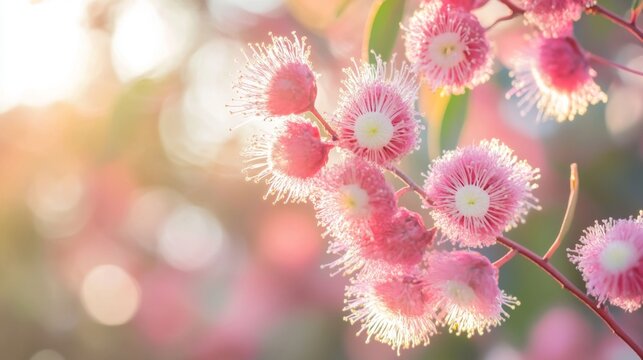 Spring blossoms with pink eucalyptus flowers in the sunlight for floral decor design