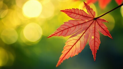 Vibrant autumn maple leaf against sunlit bokeh background