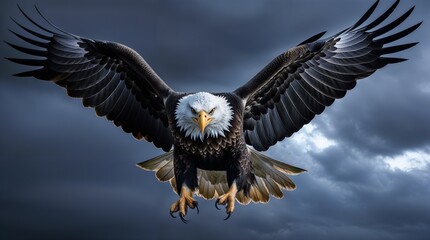 Fototapeta premium Majestic Bald Eagle Soaring Under a Full Moon in a Starry Night Sky
