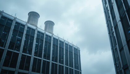 Fototapeta premium Industrial Building with Cooling Towers and Overcast Sky View