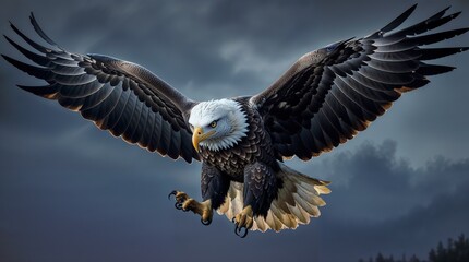 Fototapeta premium Majestic Bald Eagle Soaring Under a Full Moon in a Starry Night Sky