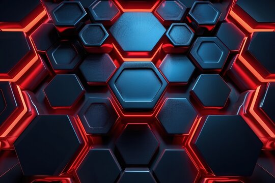 Abstract dark blue and red hexagon background with neon lighting, metallic finish