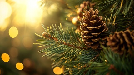 Warm and cozy holiday atmosphere with pine cones and evergreen branches at sunset