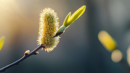 Spring renewal with budding willow branch capturing sunlight in tranquil nature scene