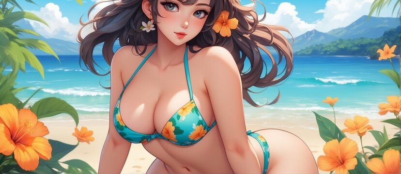 Hot anime girl in the beach