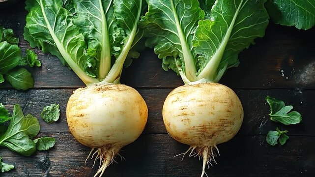 Freshly harvested turnips with green tops on a rustic wooden table