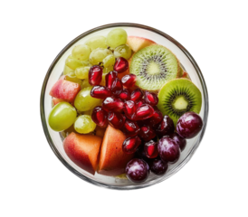 Colorful fruit salad in glass bowl, healthy snack, top view, transparent background