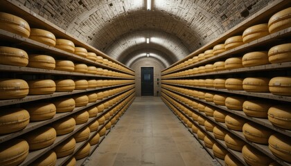 Cheese Aging Room with Rows of Yellow Wheels on Wooden Shelves