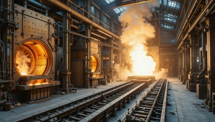 Naklejka premium Industrial Furnace in Operation with Flames and Smoke in Factory