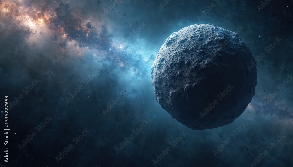 Poster world asteroid day photo of space rock in deep cosmos with glowing galaxy. blue universe background.