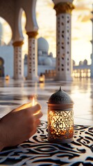 Person Lighting a Candle Near an Ornate Lantern in a Grand Mosque at Sunset