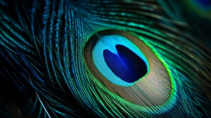Obraz premium Close-up of vibrant peacock feather eye pattern in luminous green and blue colors