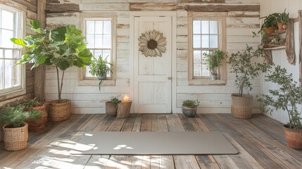 A white house with a large sunflower wreath on the door. The house has a lot of plants and a yoga mat on the floor