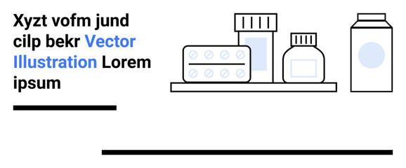Medicine bottles, pill packets, and jars arranged on a shelf representing healthcare, pharmacy, treatment, medication, health services, medical supplies, and simple landing page