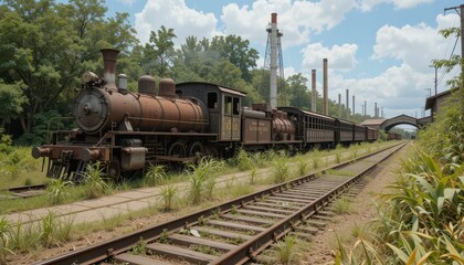 Fototapeta premium Vintage Train on Abandoned Railway Surrounded by Lush Vegetation