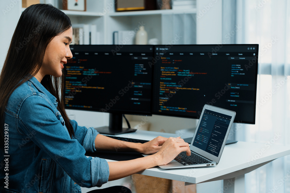 Poster smiling young asian in it developer creating with typing online information on laptop with coding pr