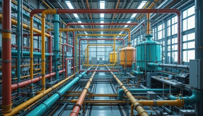 Colorful Industrial Pipes in Modern Factory Interior Design