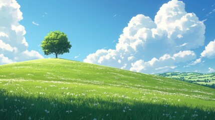 Fototapeta premium Panoramic View: Green Hills and Meadows Beneath Blue Skies and White Clouds (AI-Generated)