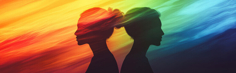 A minimalistic surreal illustration of two silhouettes merging into a prism, refracting the Pride spectrum around them