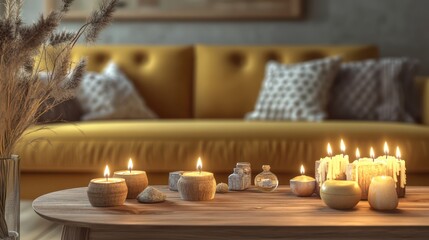 Fototapeta premium A cozy living room featuring a mustard yellow sofa, a wooden coffee table adorned with flickering candles and small vintage decor items