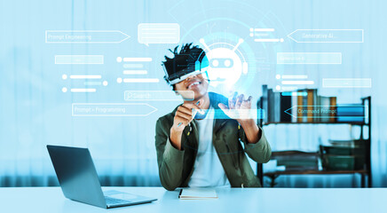 African man using AI technology while wearing VR glasses. Smiling person sitting at table with book in living room while generating AI and looking at hologram. Artificial intelligence. Ingenuity.