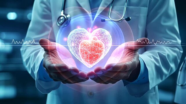 A medical professional in a white coat holds a glowing virtual heart in their hands, symbolizing advanced cardiology, health care, and heart disease prevention. A futuristic repres