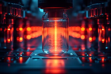 A quantum computer in a high-tech lab with floating holograms creates a futuristic, mysterious feel—ideal for science articles, future tech, or ads on quantum computing and advanced innovation.