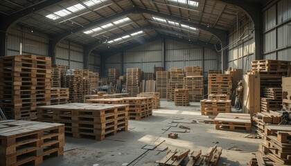 Wood Pallets in a Spacious Warehouse with Natural Light