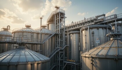 Fototapeta premium Industrial Storage Tanks Under Dramatic Sky at Sunset