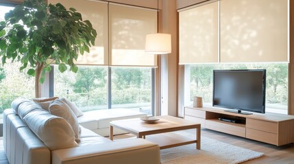 A cozy living room with light beige roller blinds on the windows, letting in warm natural light