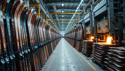 Naklejka premium Ski Manufacturing Facility with Rows of Skis and Equipment Inside