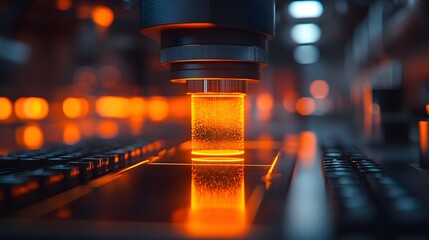 A quantum computer in a high-tech lab with floating holograms creates a futuristic, mysterious feel—ideal for science articles, future tech, or ads on quantum computing and advanced innovation.