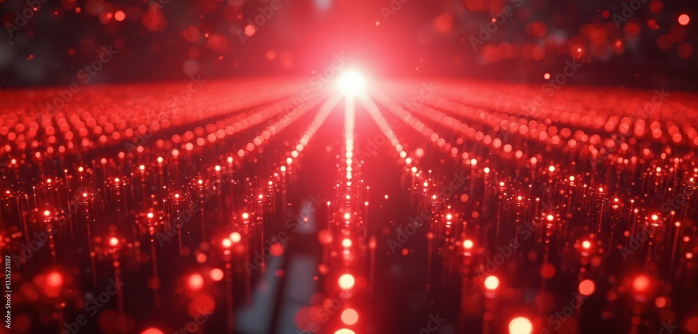 Poster Red tech abstract background shows matrix of lights. Dark background texture. Shiny bright glow, futuristic concept for wallpaper design. Digital communication connection datum element geometric