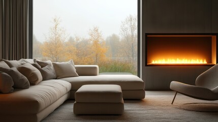 Obraz premium A cozy minimalist living room with a beige sofa adorned with soft cushions, accompanied by an ottoman in front of a large window