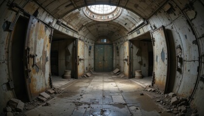 Abandoned Vault Interior with Rusted Doors and Crumbling Walls