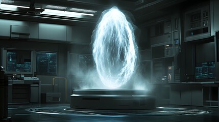 A quantum computer in a high-tech lab with floating holograms creates a futuristic, mysterious feel—ideal for science articles, future tech, or ads on quantum computing and advanced innovation.