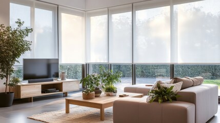 A cozy modern living room with sheer white roller blinds, letting soft light filter through the large windows