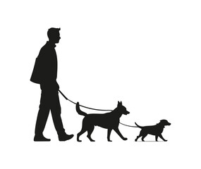 set of old person walking dog. people with dog walking. old man, woman, pet owners, running dog silhouette. vector illustration on Black and white background.