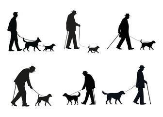 set of old person walking dog. people with dog walking. old man, woman, pet owners, running dog silhouette. vector illustration on Black and white background.
