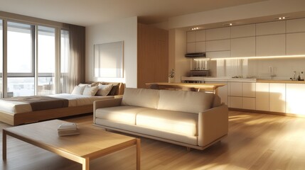 Fototapeta premium A cozy, modern studio apartment with a spacious living room and open kitchen